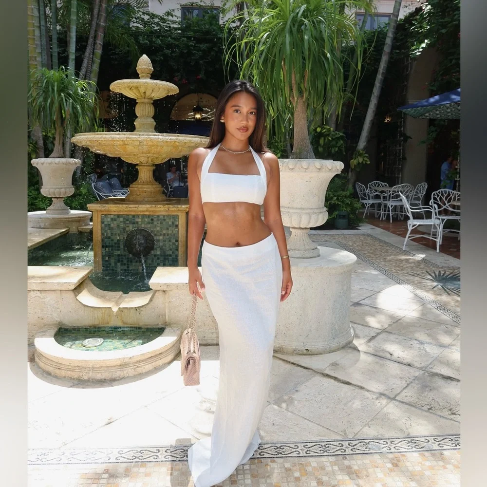 Monday swimwear white linen Montserrat crop top and Fontelina maxi skirt P XS - Picture 2 of 9